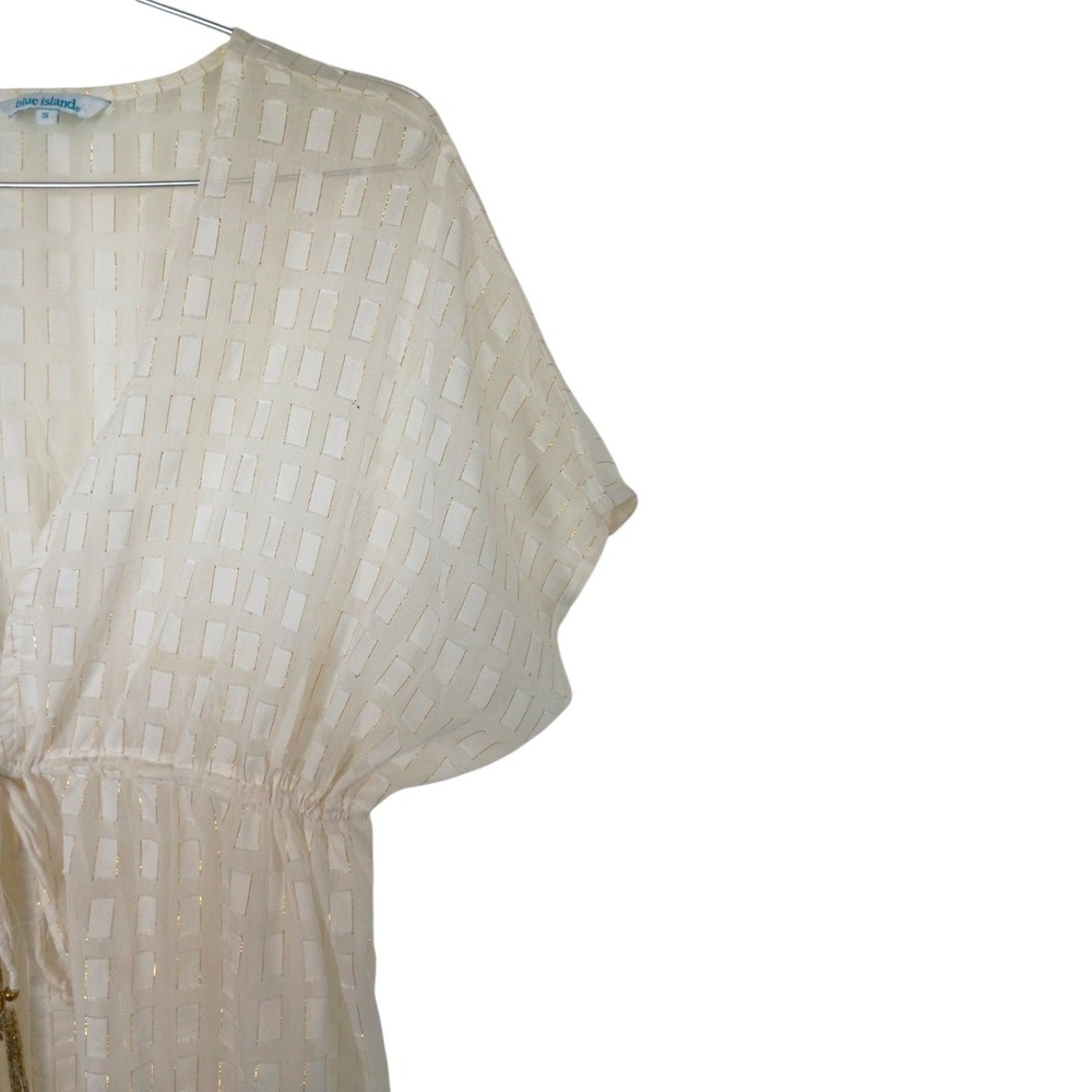 Blue Island White Gold Metallic Tassel Drawstring Swim Cover Up Kaftan S - Picture 5 of 11